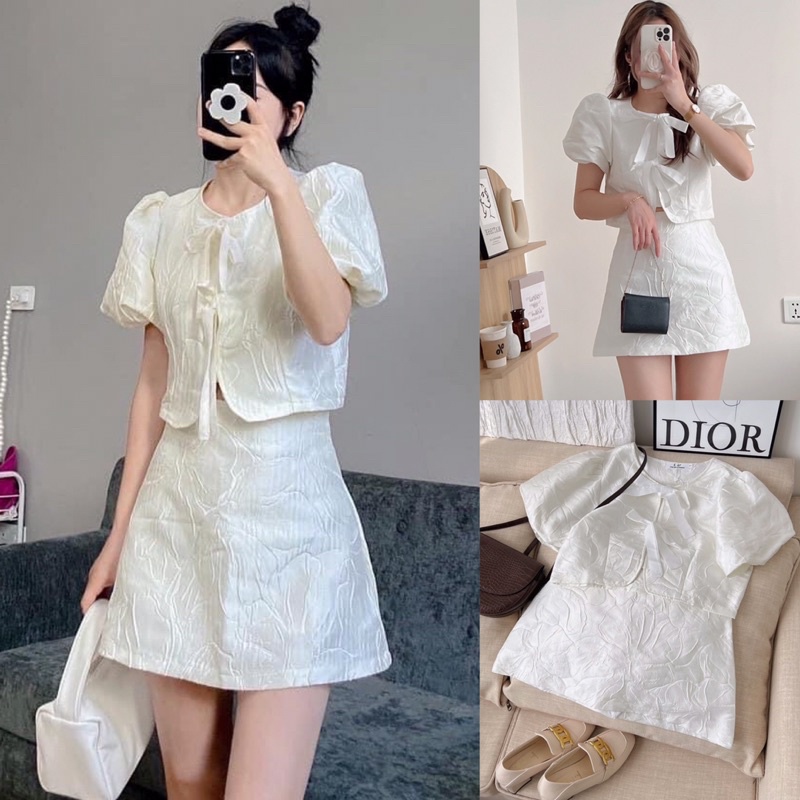 Set gấm hoa ly áo tay phồng buộc nơ phối chân váy set màu trắng tiểu thư sang chảnh