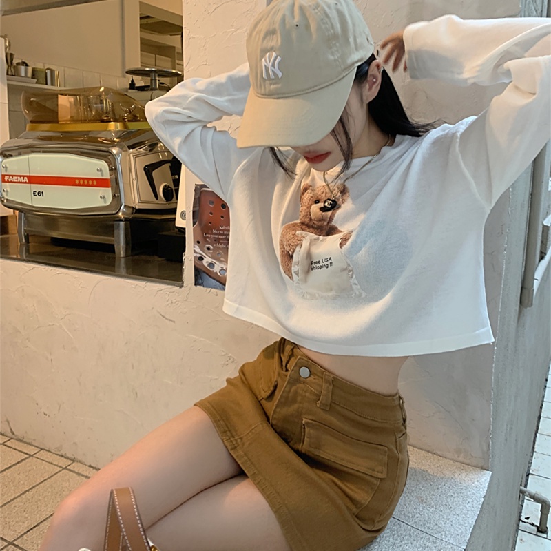 Áo Thun Dệt Kim Tay Dài Dáng Rộng In Họa Tiết Hoạt Hình Xinh Xắn