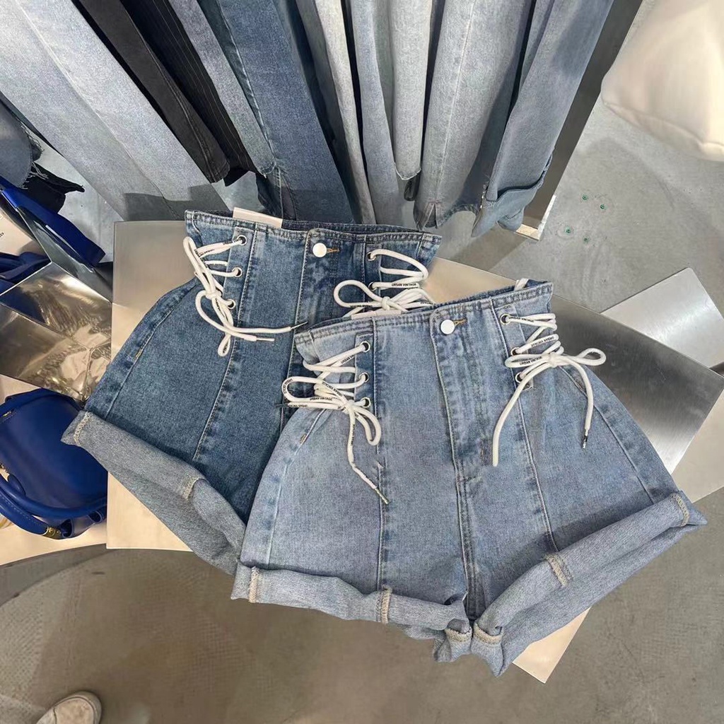 Quần Short Denim Cột Dây Lưng Cao Phong Cách Hàn Quốc Mới Mùa Hè Cho Nữ