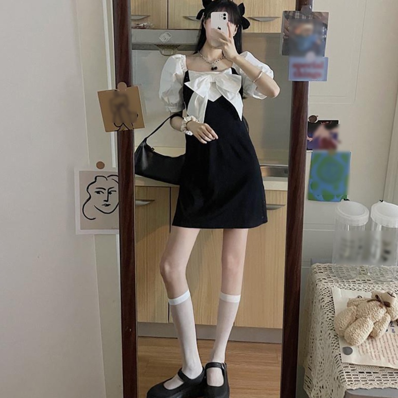 Đầm Tay Ngắn Phồng Cổ Vuông Dáng Chữ A Màu Sắc Tương Phản Phong Cách Preppy Cổ Điển Thời Trang Cho Nữ