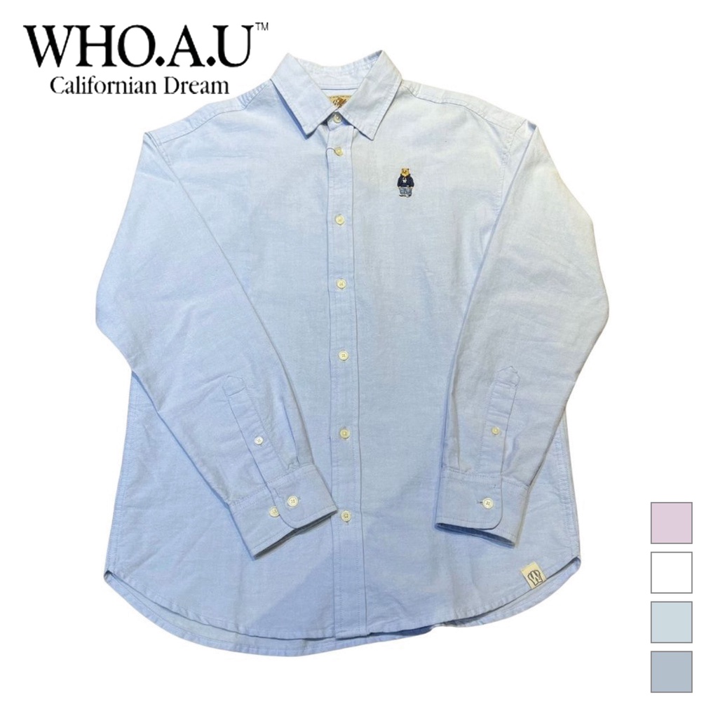 Áo sơ mi WHO.A.U  WHYABB791U tay dài họa tiết thêu hình gấu Steve chi tiết