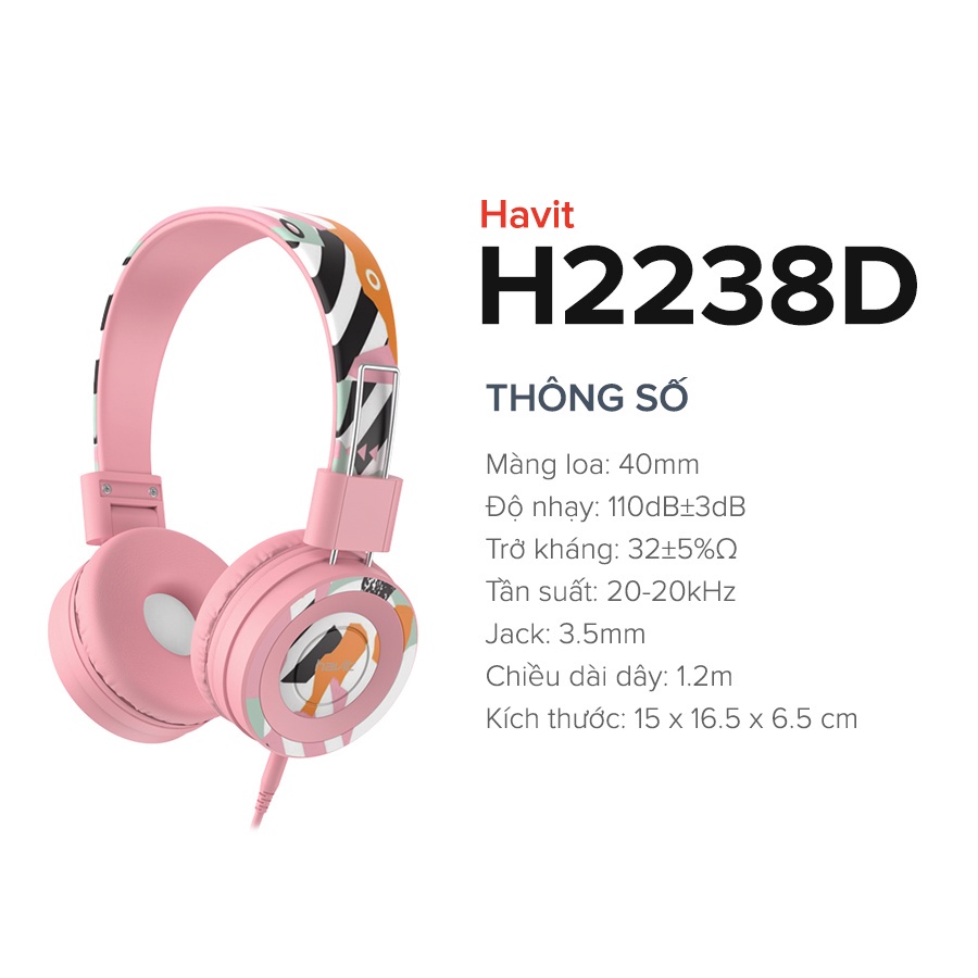 Tai Nghe Headphone Havit H2238D, Đa Màu Sắc Thời Trang , Driver 40mm Âm Thanh Sống Động - Hàng Chính Hãng BH 12 Tháng