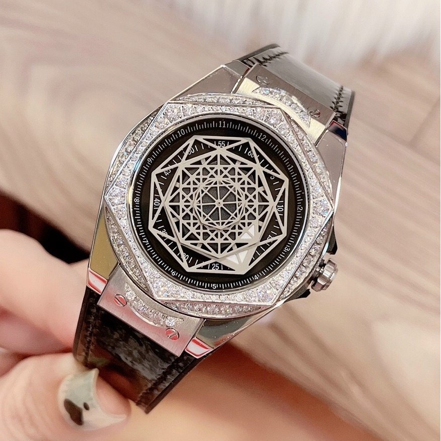 Đồng Hồ Huboler Hanboro Nữ Dây Silicon Bọc Da Đen Silver Authentic 38mm