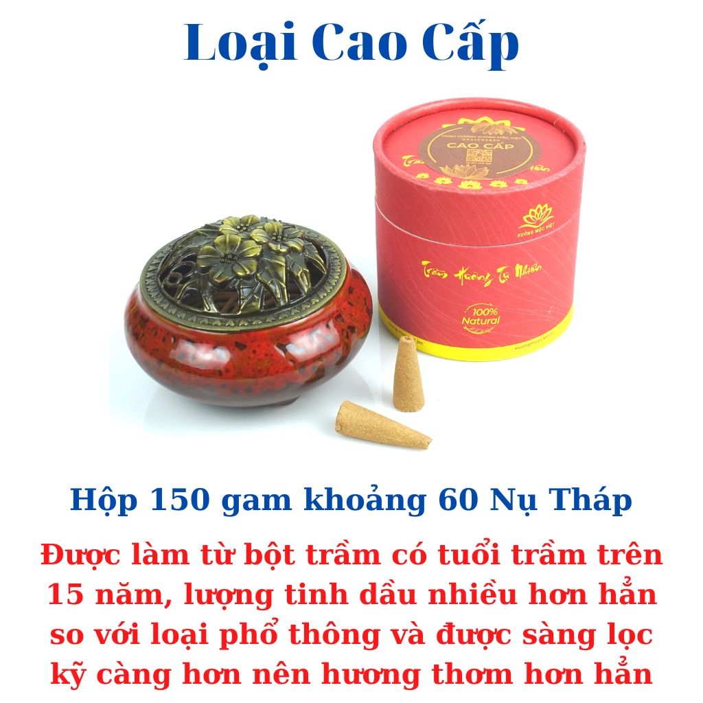 Combo Nụ Trầm Hương Khói Ngược Sạch Nguyên Chất Tự Nhiên Xưởng Mộc Việt + Lư Xông - Hộp 150G ( Tầm 60 Nụ Tháp )