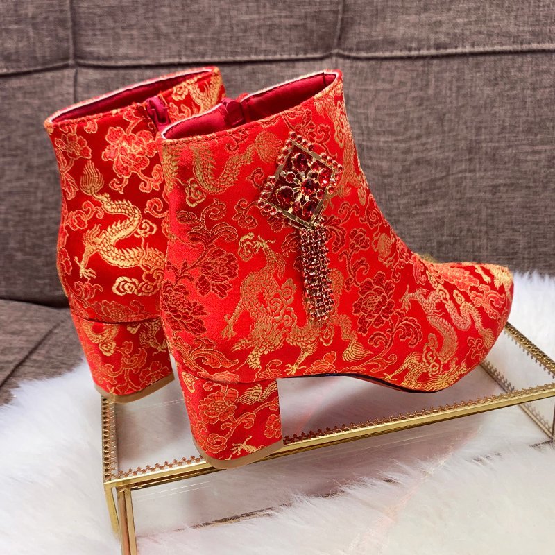 Giày bốt cao gót tùy chọn họa tiết phối tua rua thời trang Trung Hoa dành cho nữ