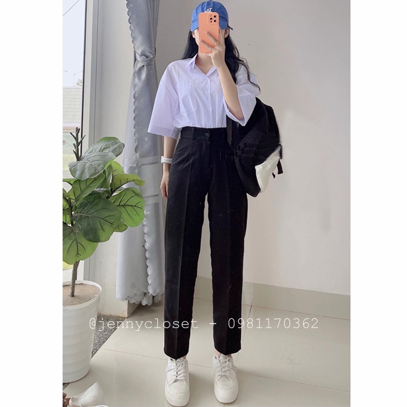 Quần tây đen đi học nữ lưng cạo ống đứng suông dáng baggy chất vải tuyết mưa phối áo sơ mi học sinh cấp 2 3 đi học