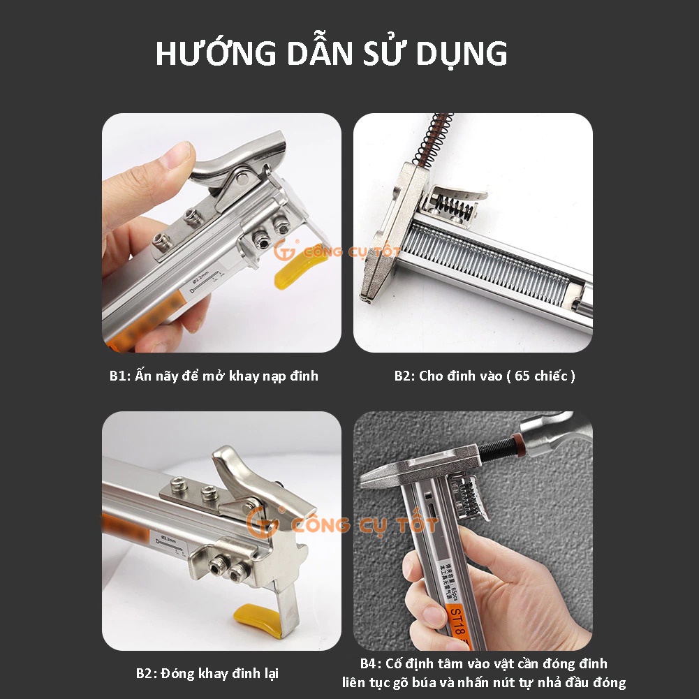 Dụng cụ hỗ trợ đóng đinh bê tông liên hoàn tự động cỡ băng 65 đinh ST15 và ST18