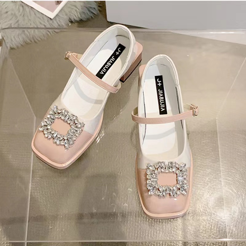 Giày Búp Bê Da Mũi Vuông Đính Đá Phối Màu Phong Cách Thời Trang Lolita 2022