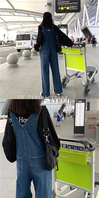 Quần yếm jeans ulzzang ống rộng có bigsize móc gài hai dây