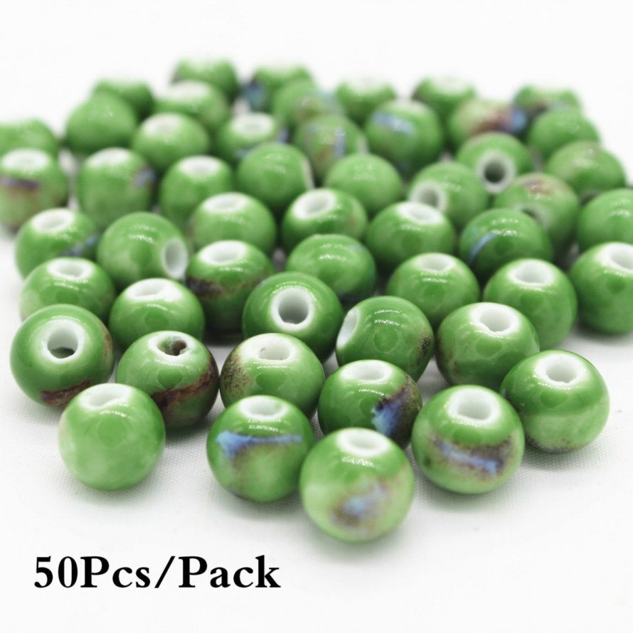 Set 50 hạt gốm hình tròn xỏ lỗ màu xanh lá 6/8/10mm dùng để làm đồ trang sức thủ công