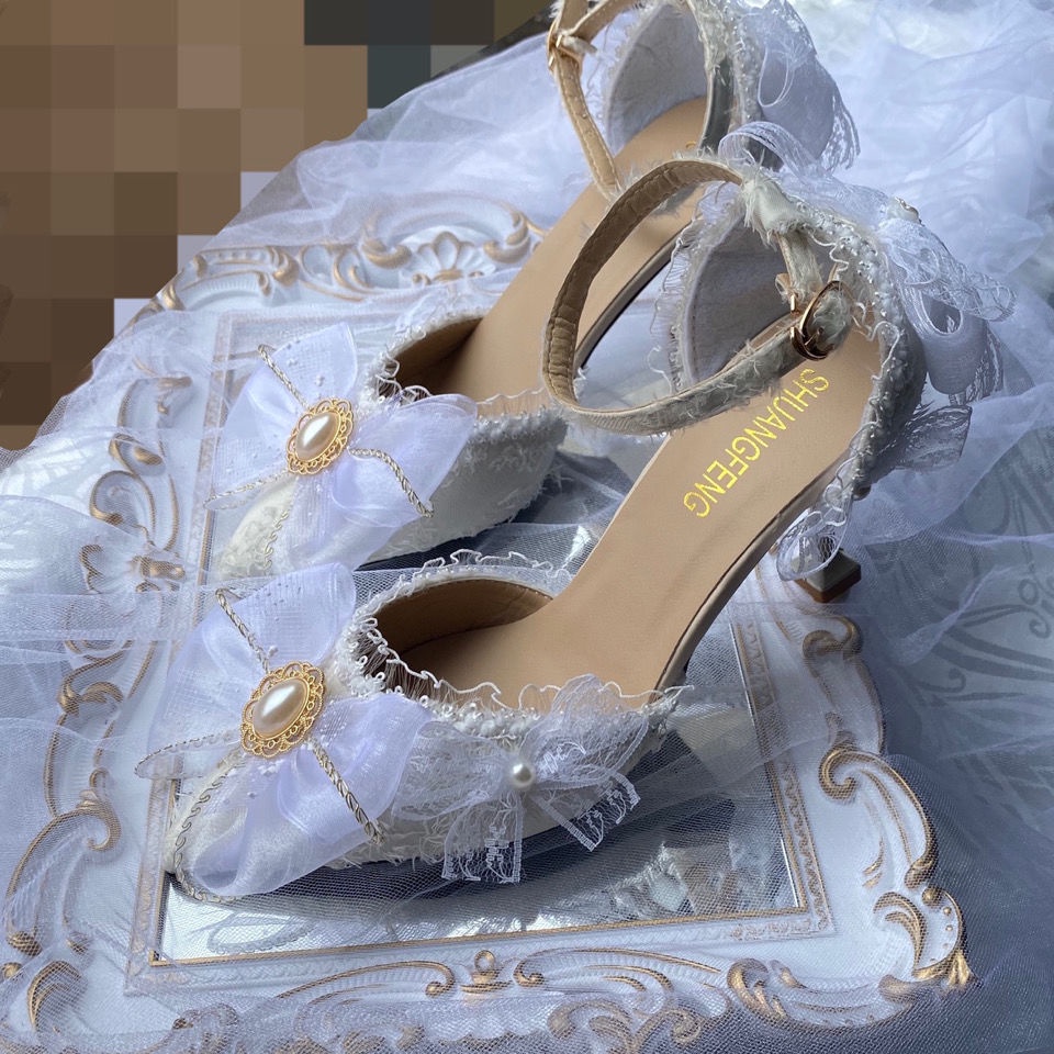 Tại chỗ giày cao gót thủ công trắng tinh khiết giày cao gót Lolita giày cao gót tòa án thanh lịch giày cao gót 8cm 9cm giày cao gót nhọn