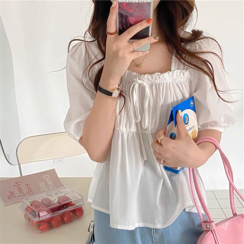 Áo sơ mi nữ tay bồng xếp ly ngực dáng babydoll | BigBuy360 - bigbuy360.vn
