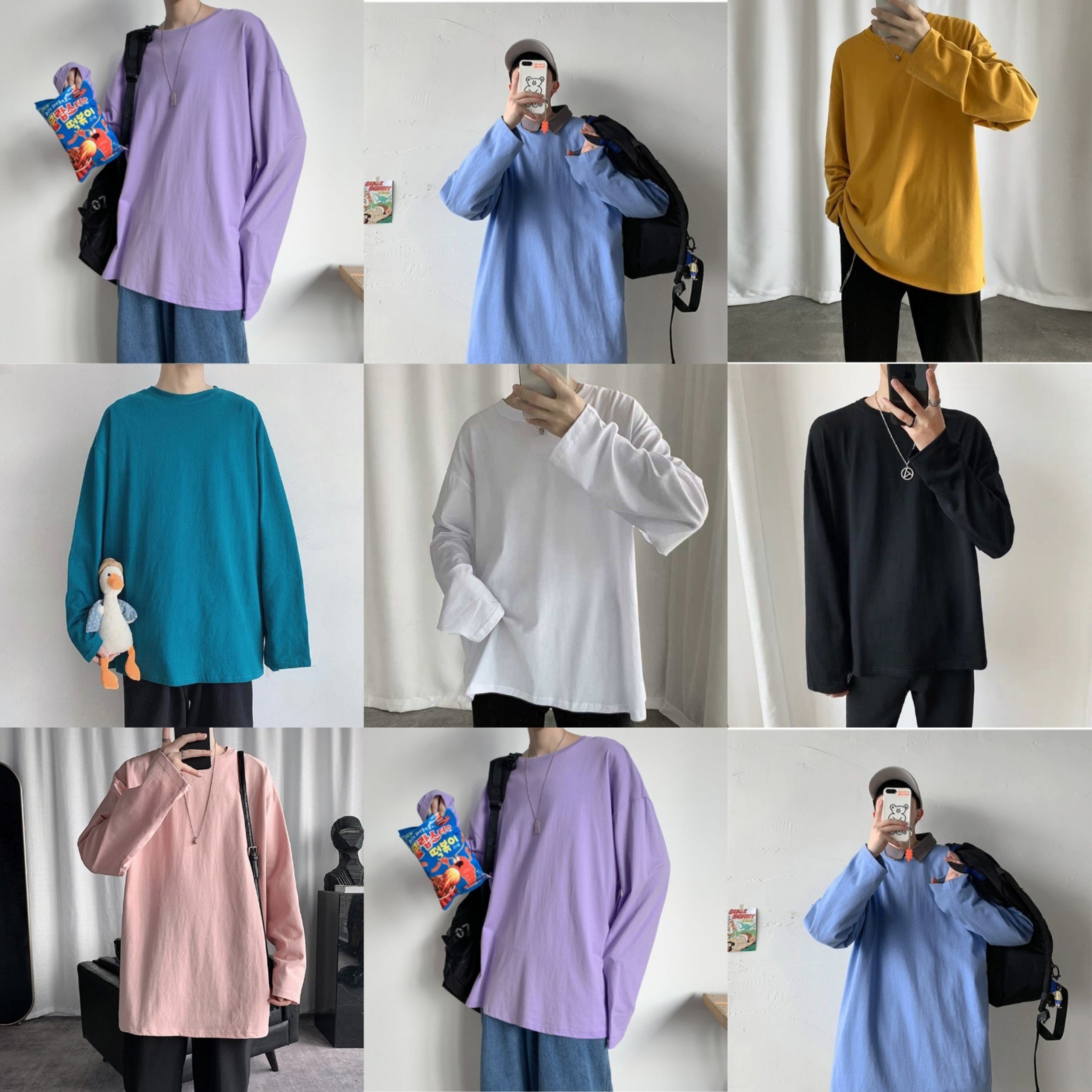 Áo thun tay dài longtee trơn unisex nam nữ, cổ tròn, form rộng xẻ tà