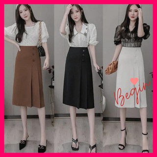 Chân váy công sở xếp ly đính khuy 3 màu xinh xắn