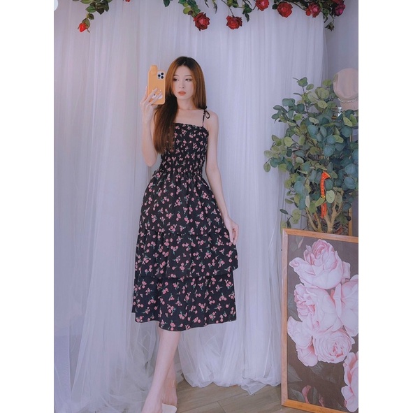 Đầm maxi hoa nhí  phối tầng 2 dây cột vai siêu xinh-hình thật.