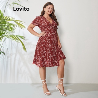 Váy đầm Lovito BIGSIZE Curve Ditsy Floral Lace Up Cross Collar Nhẹ và thoáng khí Thân thiện với làn da và Thoải mái Tao nhã LPS01002 (Đỏ)