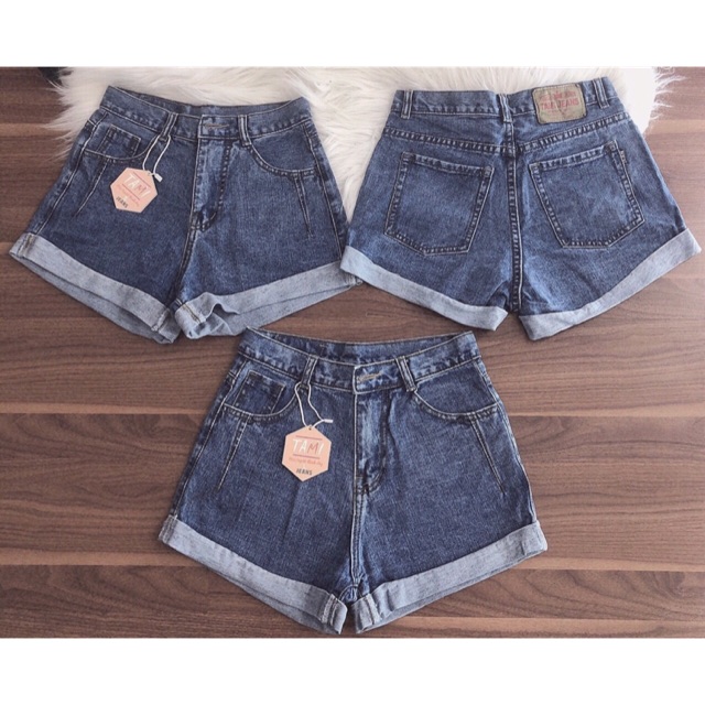 Quần short jean lưng cao lật lai