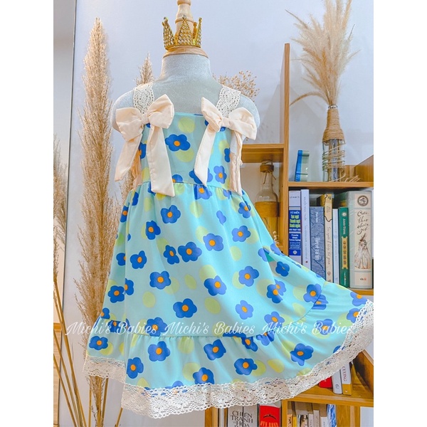 Váy cho bé gái 2 dây ren đính nơ hoa lụa cao cấp 8-20kg