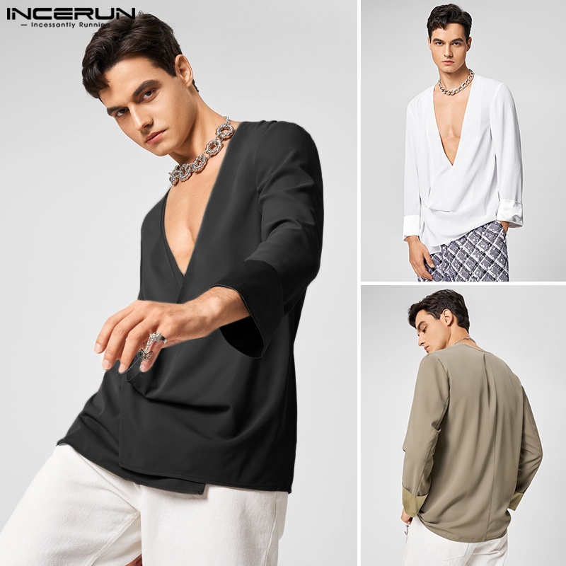 INCERUN Áo Khoác Blazer Màu Trơn Không Cổ Thời Trang Cho Nam