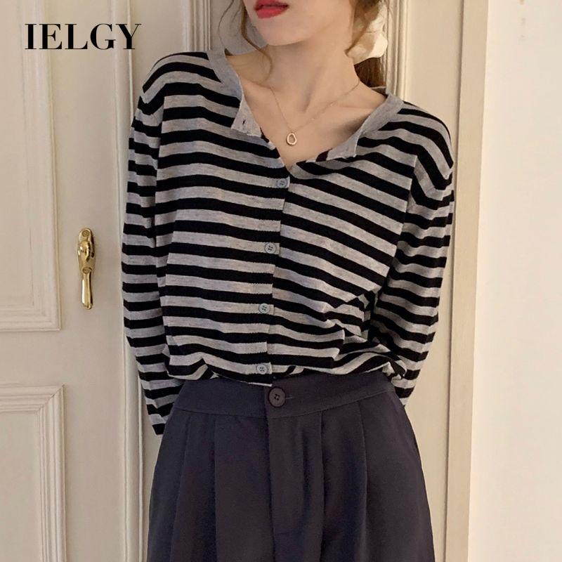 Áo sweater IELGY tay dài dáng rộng họa tiết kẻ sọc phối màu tương phản thời trang cho nữ
