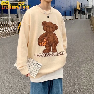 Áo sweater dệt kim cổ tròn in họa tiết gấu hoạt hình dễ thương xinh xắn
