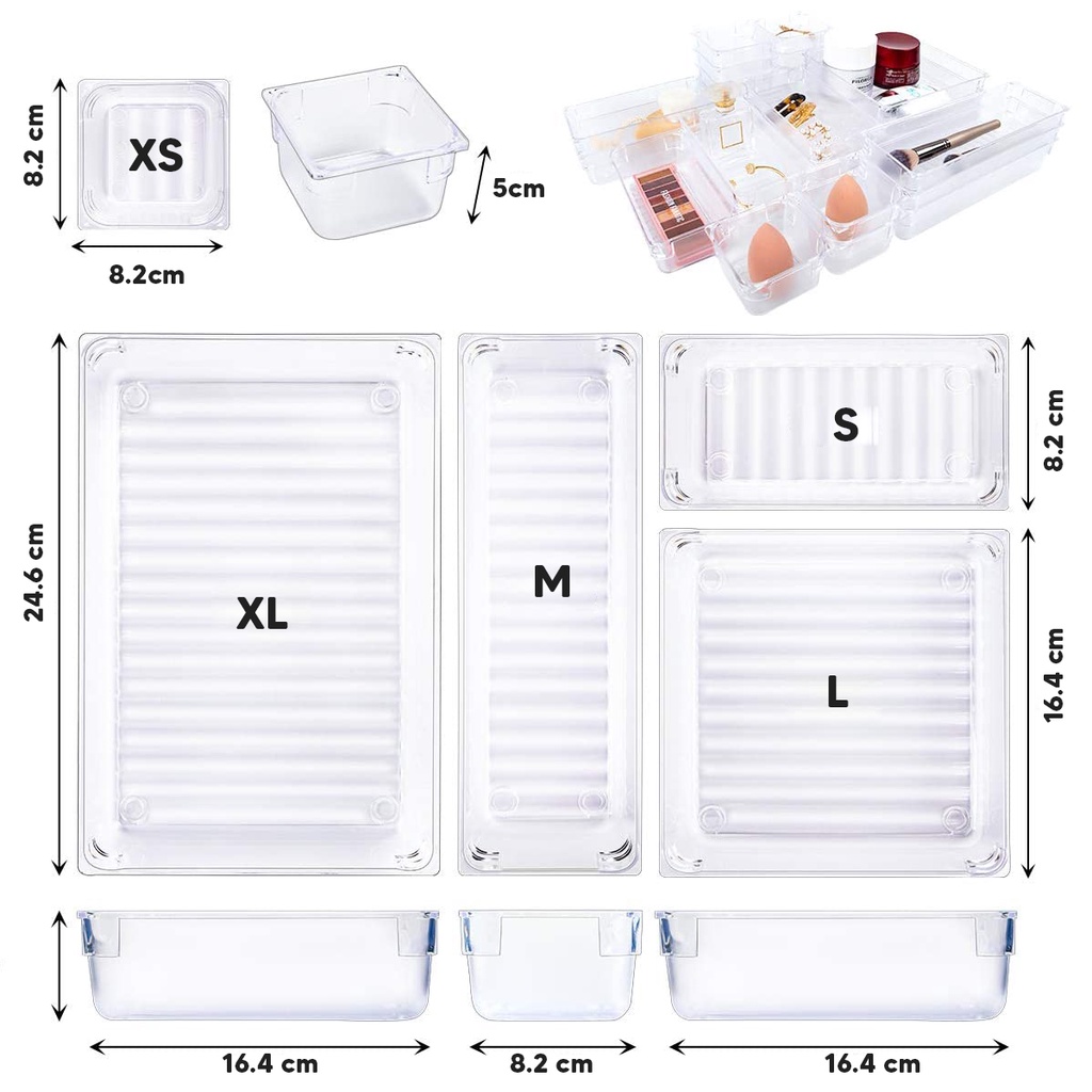 Bộ Khay Chia Ngăn Kéo Tủ Nhiều Size trong suốt, mica chống xước dễ sử dụng - NHÀ GỌN KHÔNG CẦN DỌN
