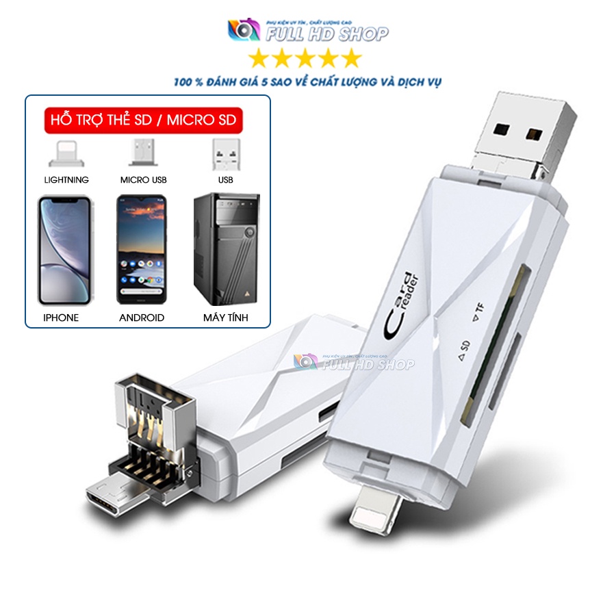 Đầu Đọc Thẻ Nhớ iPhone, Máy tính, Android - Cổng Lightning, Type C, USB, Micro USB cho thẻ nhớ SD, Micro SD Mã HD12