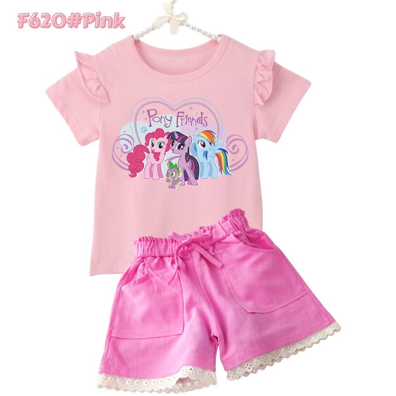 Bộ Áo Thun Tay Ngắn Kèm Quần Short 100% Cotton Mềm Mại In Họa Tiết Hoạt Hình Xinh Xắn Cho Bé Gái