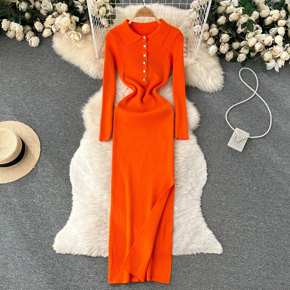Đầm len cổ polo xẻ đùi gợi cảm, váy len dáng ôm