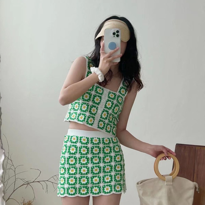 Bộ Áo Tank Top Khoét Lỗ + Chân Váy Phong Cách Boho Thời Trang Mùa Hè Cho Nữ