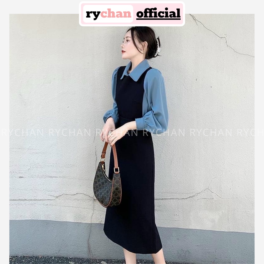 Đầm Váy Nữ Dự Tiệc Phối Yếm Dài Cổ Sơ Mi Tay Dài Cực Hàn Quốc - DX9736
