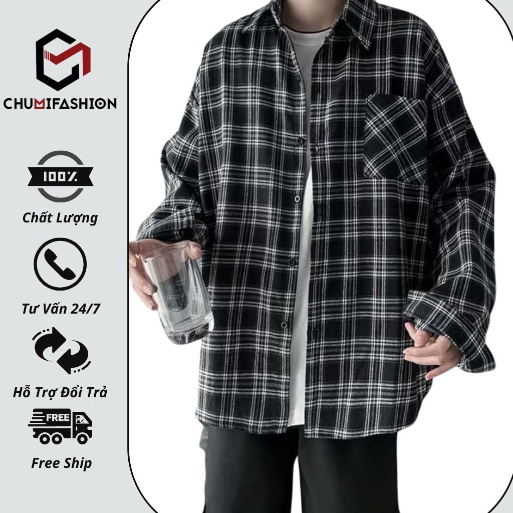 Áo sơ mi nam CHUMI dài tay form rộng unisex kẻ caro phong cách hàn quốc sm10 hottren 2022