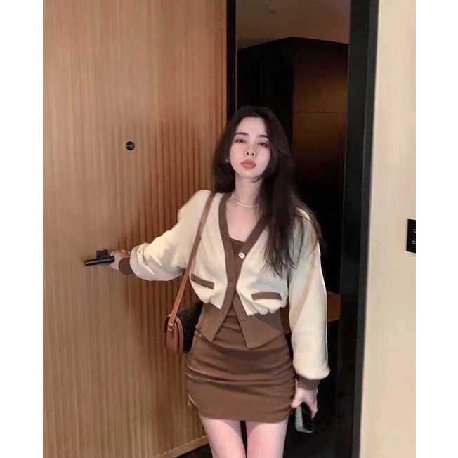 Set Khoác Len Dạ Mix Váy Body Thun Gân Hot Hit