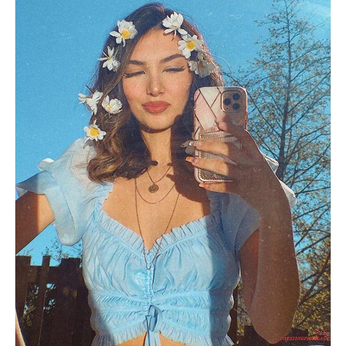 Áo Croptop Tay Ngắn Cổ Thuyền Phối Dây Thắt Phong Cách Vintage