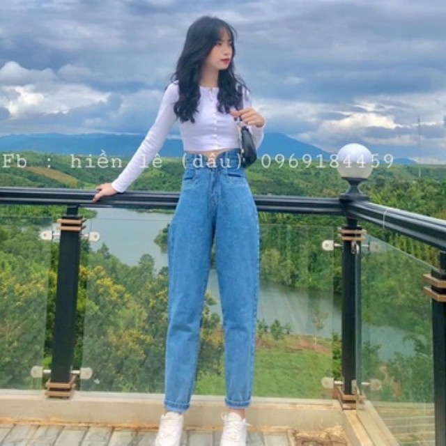 Set baggy jeans 2 nút + croptop gân tay dài