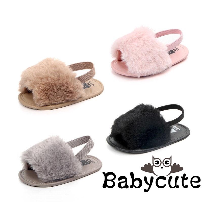 Giày xăng đan vải phối lông đế mềm mại thời trang mùa hè cho bé