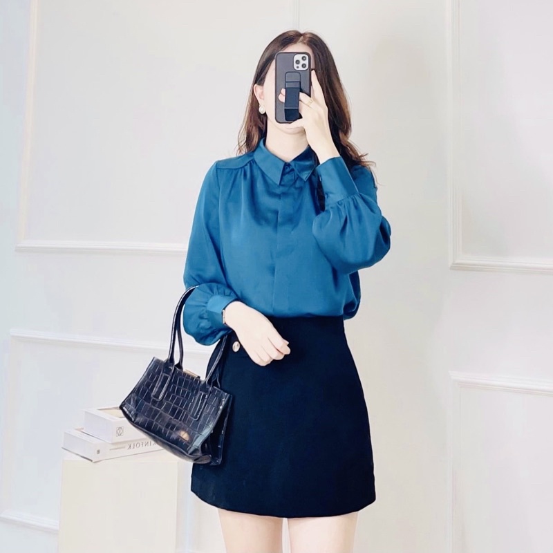 áo sơ mi lụa trắng dài tay công sở cổ đức from suông dễ mặc, chất liệu lụa mềm mịn không nhăn nhàu mặc đi làm đi chơiA17