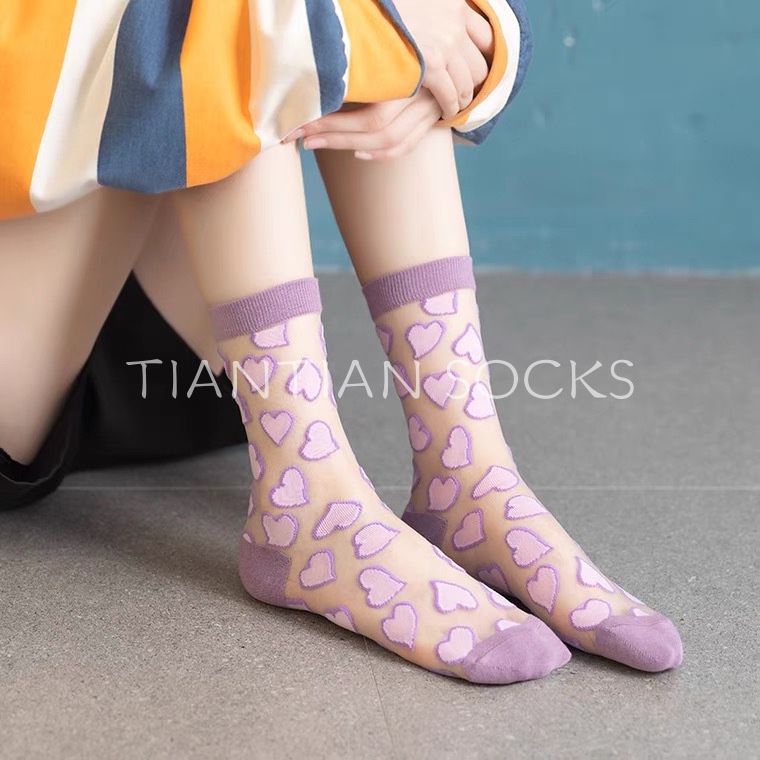 TIANTIAN T170 Tất Lụa Mỏng Trong Suốt In Họa Tiết Trái Tim Phong Cách Hàn Quốc Thời Trang Xuân Hè Cho Nữ