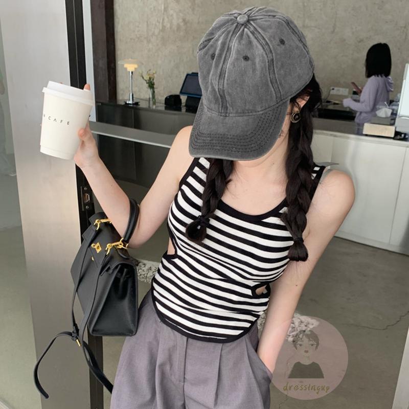 Áo Croptop Sát Nách Cổ Tròn Họa Tiết Kẻ Sọc Thời Trang Mùa Hè Cho Nữ