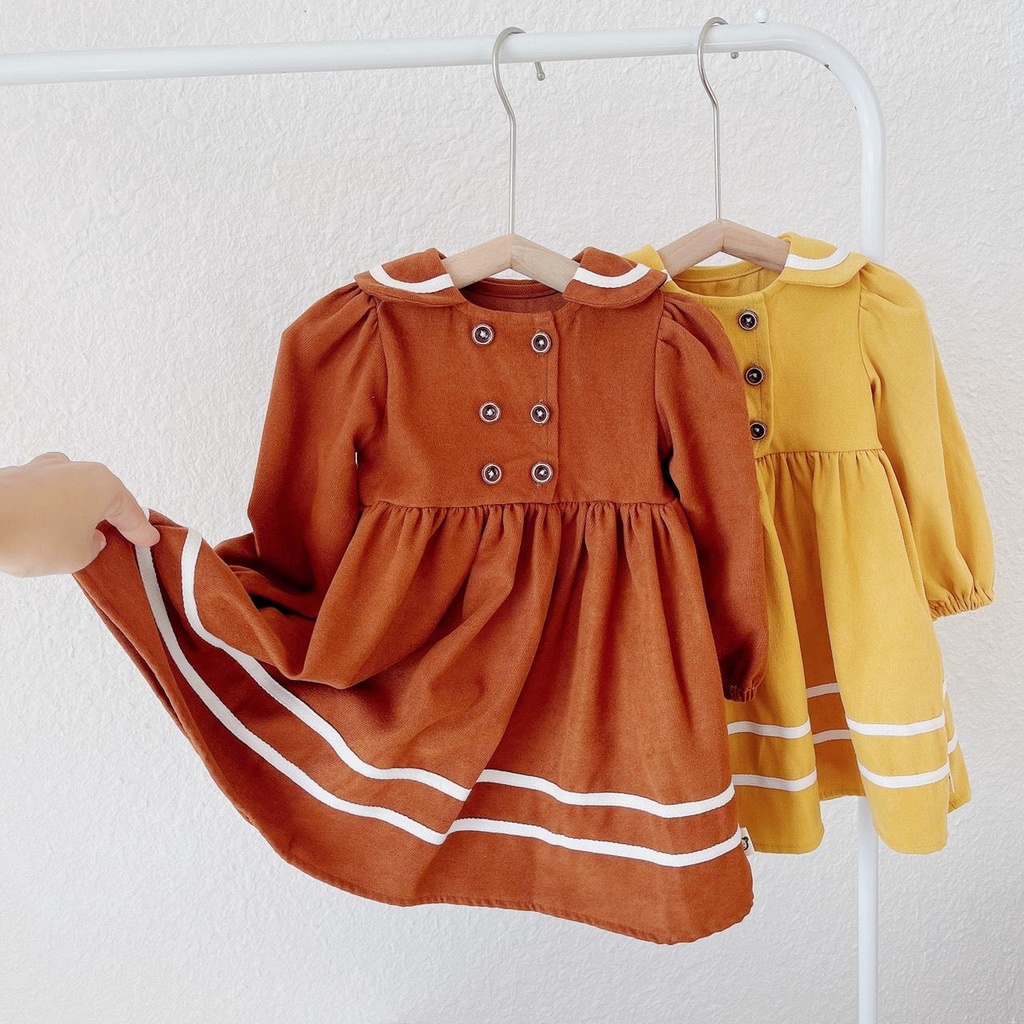 [size 12-25kg] Váy nhung dài tay có cổ, phối kẻ viền gấu cho bé gái xinh yêu, chất dày dặn