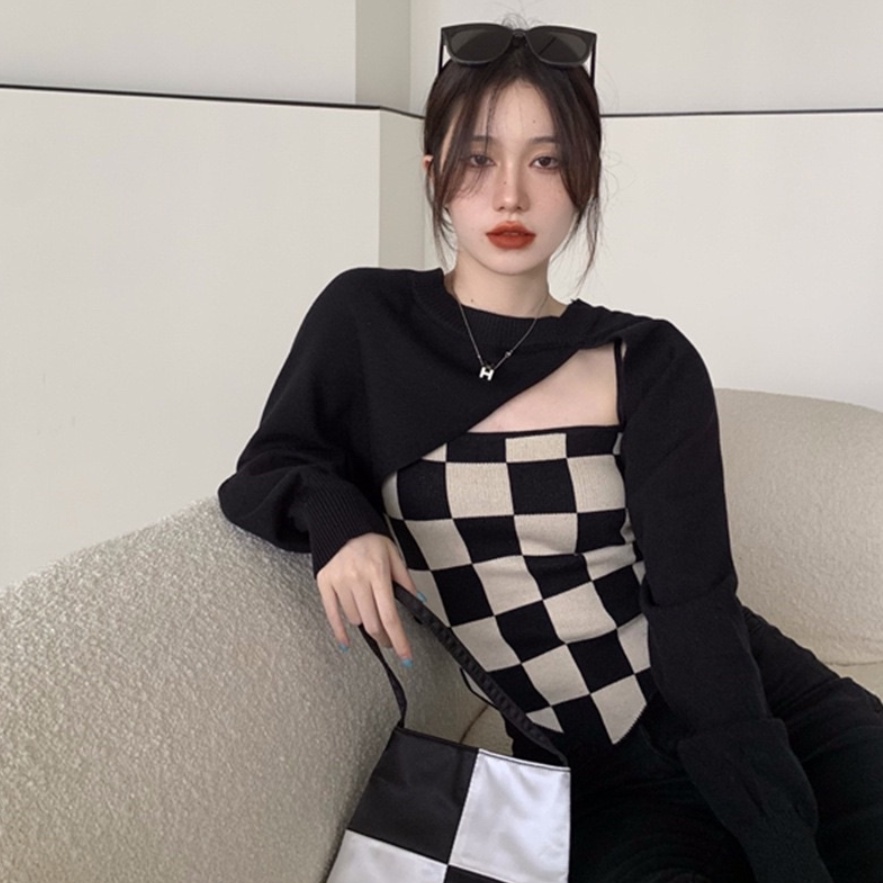 Áo len tay dài hai mảnh họa tiết kẻ ô màu trơn dành cho nữ