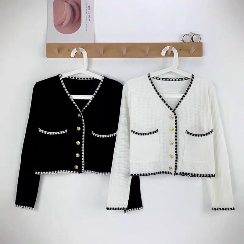 Áo len mỏng dài tay cổ tim kiểu cardigan viền cúc dọc