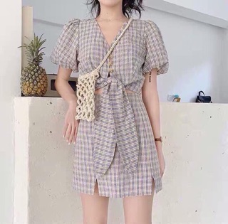 SET CARO ÁO CROP NÚT GIẢ GỖ CỘT NƠ EO