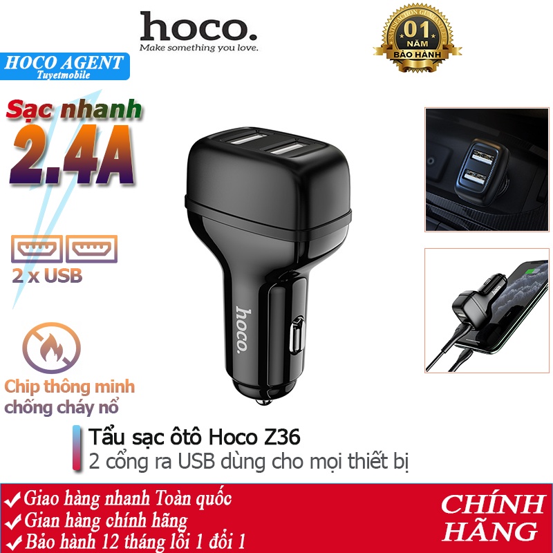 Tẩu sạc nhanh ôtô 2.4A Hoco Z36 gồm 2 cổng sạc USB- Chính hãng