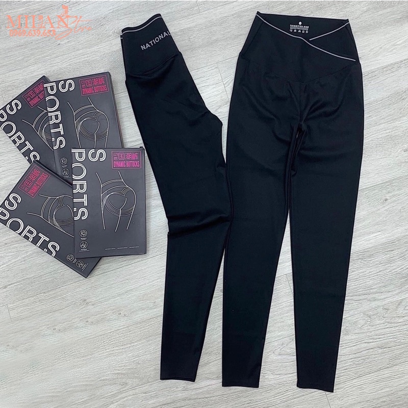 Quần legging cạp chéo siêu cao nữ viền kẻ trắng gen bụng nâng mông ôm bó sát màu đen vải Umi dày co giãn tập yoga gym