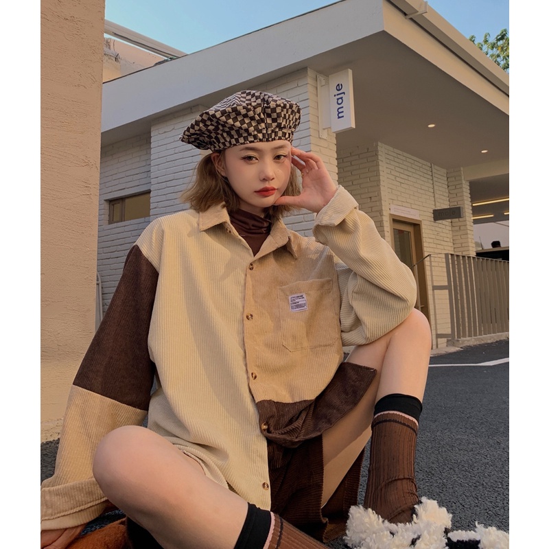 Áo khoác SUXI tay dài vải nhung phối màu tương phản thời trang mùa thu phong cách Hàn Quốc cho nữ