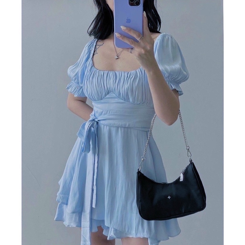 Đầm váy trễ vai cổ nhúng thắt nơ lưng 3 màu trắng, đe, xanh