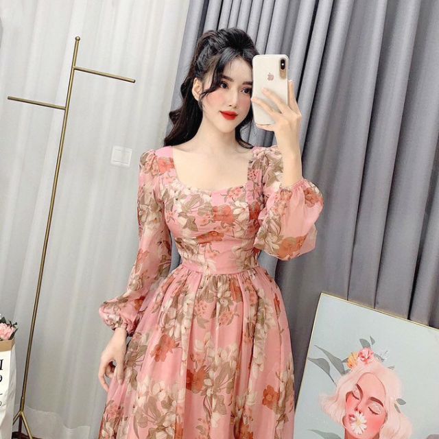 VD4170 - Đầm voan xoè in hoa tay dài