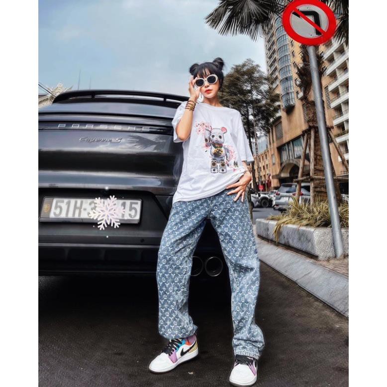 Quần Bò Jean Unisex Ống Rộng Suông Thụng Nam Nữ Oversize Streetwear Thời Trang Đường Phố hoạ tiết full  vân hoa LV Đẹp