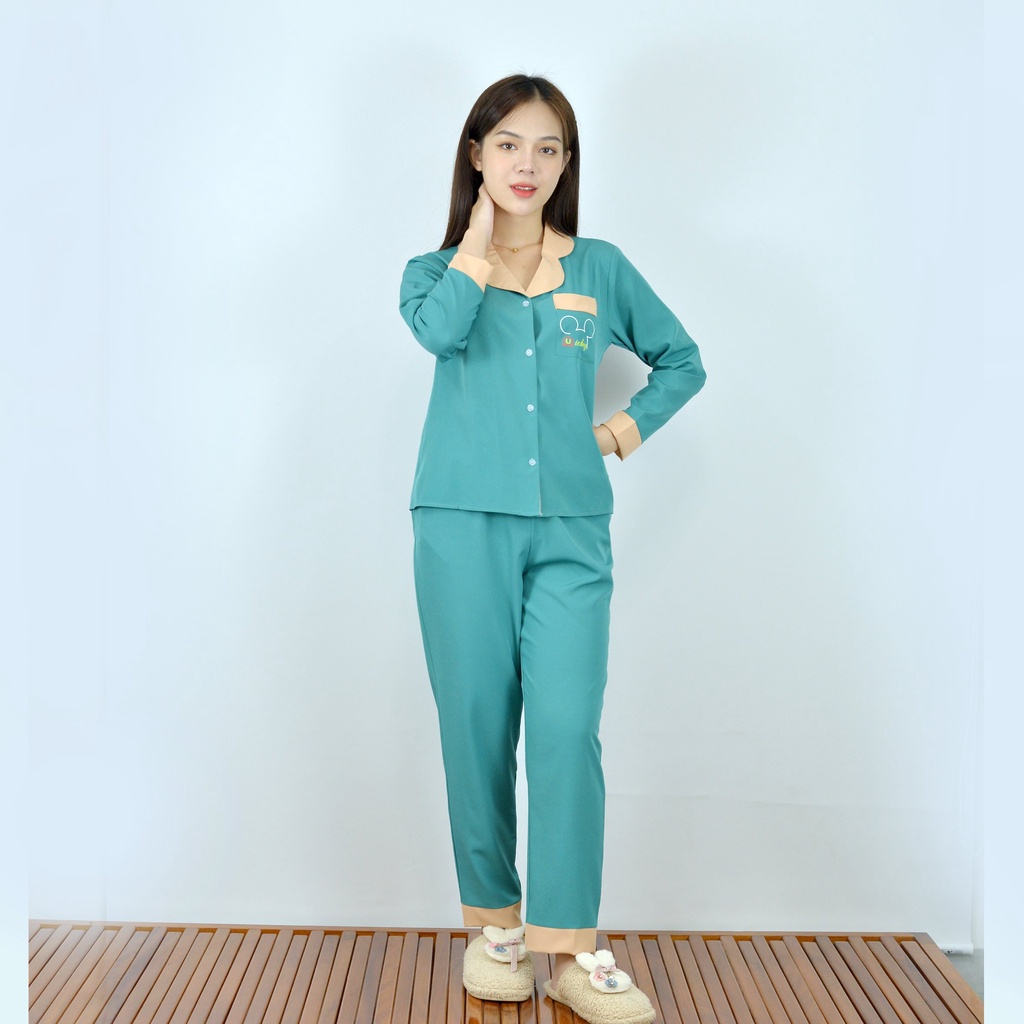 Đồ bộ nữ Pijama mặc nhà P4 XANH ĐÁ tay dài quần dài in hình dễ thương